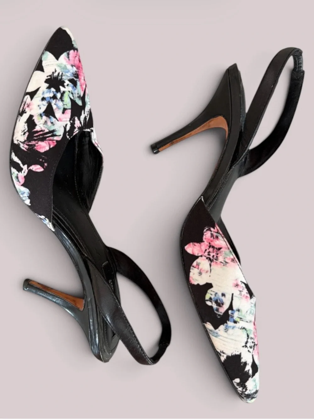 White House Black Market Black Floral Pointed Slingback Heels